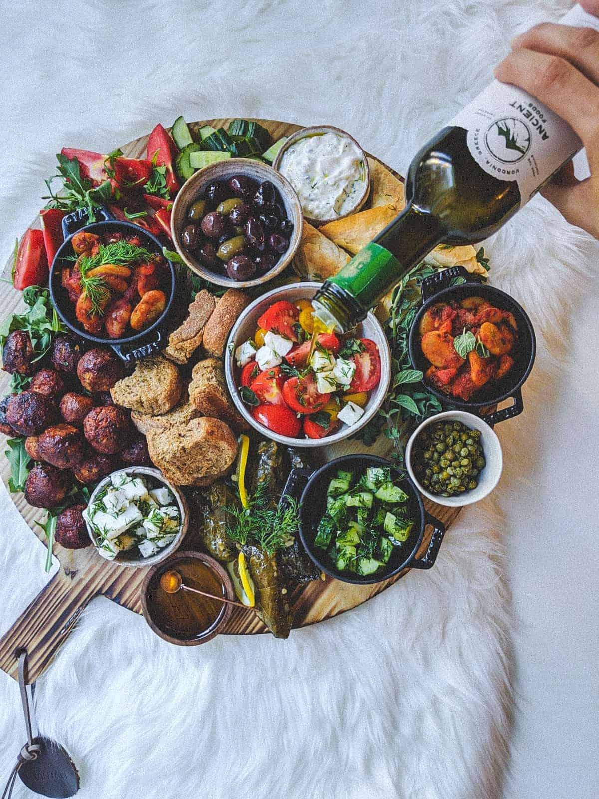 Simple Plant-Based Greek Mezze: Fresh Ingredients & Drizzled Oil
